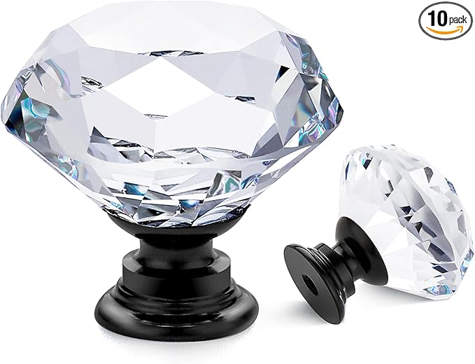 Ravinte 10 Pack Crystal Drawer Knobs - Glass Cabinet Knobs with Black Base - Diamond Shaped - 30 mm