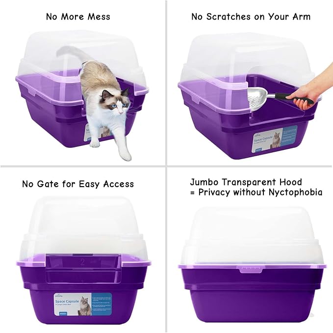 Petfamily Cat Litter Box, Large Foldable Jumbo Hooded Cat Litter Box with Transparent Lid (Purple)-Mewly Pet