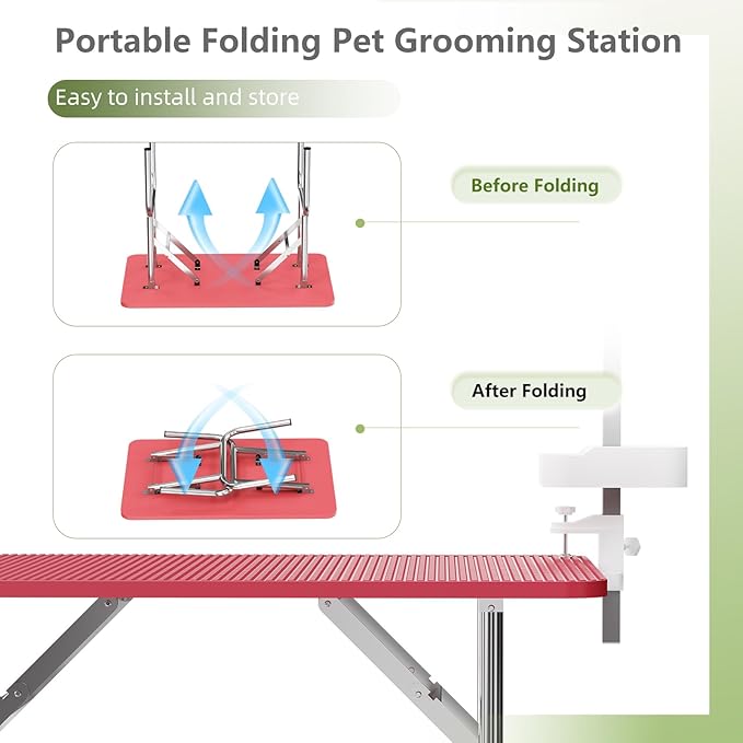 VFK 36''/47''Large Dog Grooming Table, Foldable Pet Station at Home, Dog Grooming Table,Adjustable Cat Drying Desktop with Arms, Nooses, Mesh Tray (Stainless Steel pet Table, 36" Pink)-Mewly Pet