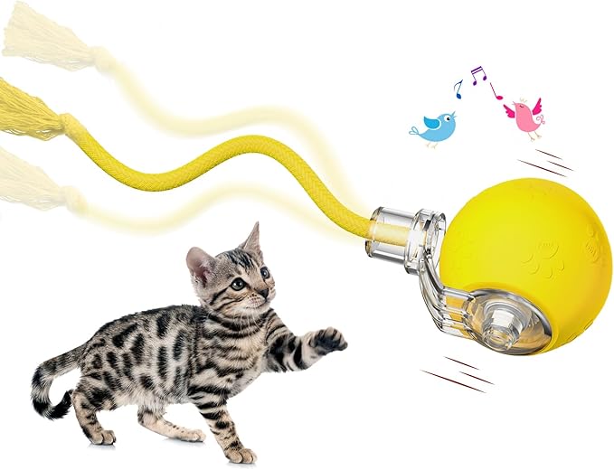 Interactive Cat Toys, Automatic Moving Cat Toys for Bored Indoor Adult Cats, Fast Rolling, Chirping & Motion-Activated Kitty Toys, Fun Gift for Cats with Speedy Tail 2.0, USB Rechargeable, Yellow-Mewly Pet
