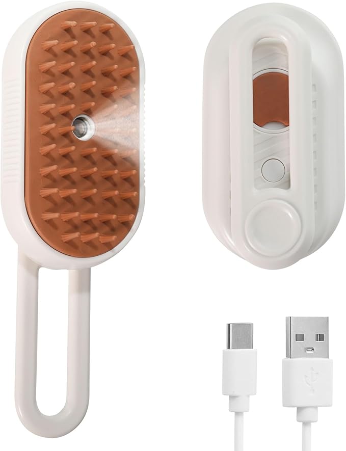 3-in-1 Cat Steam Brush, Rechargeable Cat Brush with Steam, Spritz Defur Comb for Dogs, Spritz Defur Comb for Cats (White)-Mewly Pet