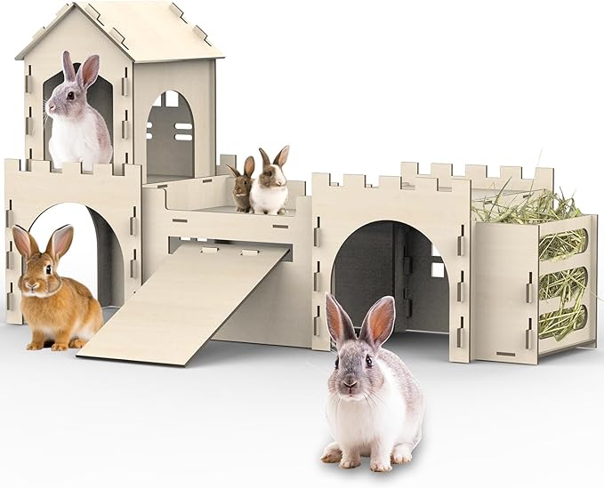 Large Bunny House and Hideouts, Wooden Dual-Layer Rabbit Castle with Stair, Rubber Band-Free Setup - chew-Proof, Sturdy Habitat for Guinea Pig Chinchilla Ferret (Rabbit House with Hay Feeder)-Mewly Pet
