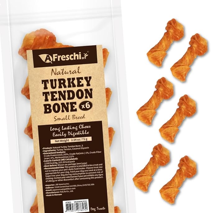 Afreschi Turkey Tendon Bone (S) 6 Pieces per Pack, USA-Sourced Turkey Tendon, All Natural Human Grade Puppy Chew, Hypoallergenic, Rawhide Alternative, Dog Treats for Small Breeds-Mewly Pet