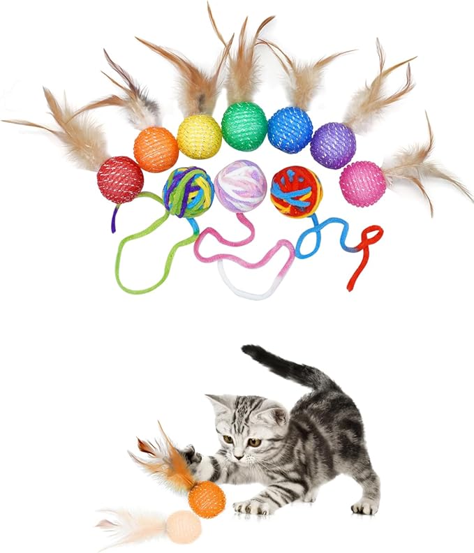 PET SHOW 10 Pack Cat Toys - Woolen Yarn Cat Balls, Interactive Mesh Feather Ball, String Toy for Indoor Cats, Chase Training Activity for Kittens-Mewly Pet