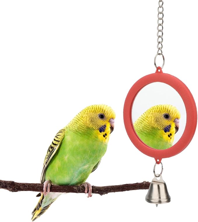 Hypeety Pet Bird Mirror with Bell Interactive Parrot Toy Bird Cage Mirror for Cockatiel Parakeets Canaries Budgie (RED)-Mewly Pet
