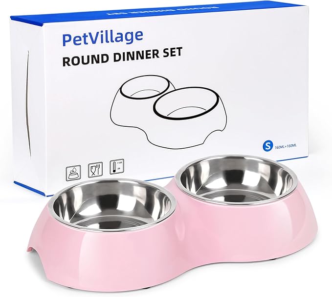 Stainless Steel Dog Bowls Set – Dual Non-Slip Pet Dishes with 2 Small (4oz*2) Bowls & Durable Resin Stand,Food & Water Feeder for Puppies, Kittens, and Small Breed Dogs– Pink-Mewly Pet