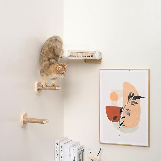 3 Pcs Cat Wall Steps, Cat Shelves and Perches for Wall, Wall-Mounted Cat Climbing Shelf with Hemp Rope Covered, Cat Wall Furniture Steps Set with Scratching Pads for Cats Playing and Climbing (Wood)-Mewly Pet
