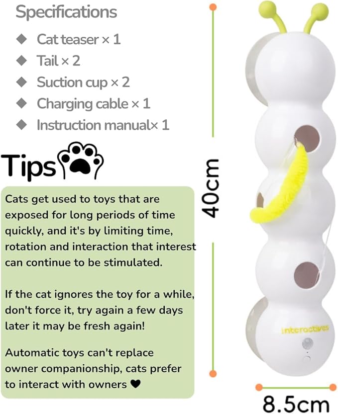 Interactive Caterpillar Cat Toy, Motion Sensor, Simulation of Biological Trajectory, ABS, USB Rechargeable, Stable Suction Cup, Cat Feather Toys for Indoor Cats, Caterpillar Smart Toy with 2 Tails-Mewly Pet