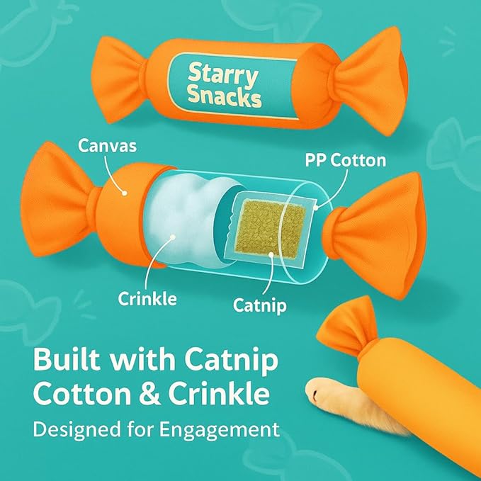 Catnip Candy Toys for Indoor Cats – 3-Pack Crinkle Cat Toys with Catnip Pouches, Durable Canvas & Soft Filling, Cat Chew Toys for Kittens & Adults (Yellow)-Mewly Pet