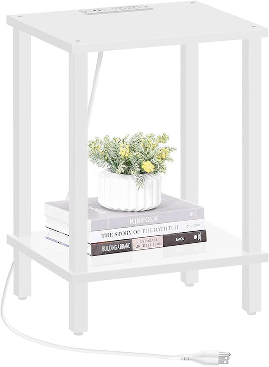 TUTOTAK End Table with Charging Station, Small Side Table with Outlets, Nightstand Bedside Table, 2-Tier Storage Shelf for Small Space, Living Room, Bedroom, White TB01BW040