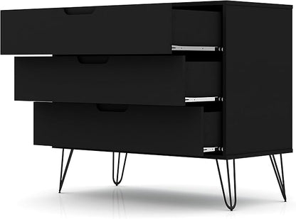 Manhattan Comfort Rockefeller 3 Drawer Dresser for Bedroom Storage, Closet, Living Room, Entryway, TV Stand for Screens up to 32 Inches, Anti-Tip Kit Included, Set of 2, Black