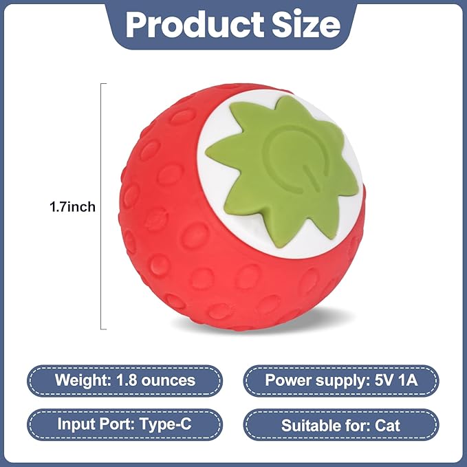 2Pcs Self-Moving Electric Cat Toy Ball with LED - Automatic Interactive Cat Toys for Indoor Cats, Smart Strawberry Design Stimulates Hunting Instincts, Boredom Relief & Exercise for Solo Play-Mewly Pet
