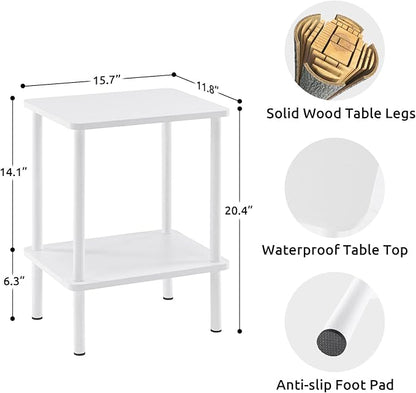Apicizon 2 Tier End Table, Small Side Table with Solid Wood Legs, Boho Bedside Table with Storage Shelf, Nightstand for Small Spaces, Bedroom, Living Room, Entryway, Farmhouse, Easy Assembly, White