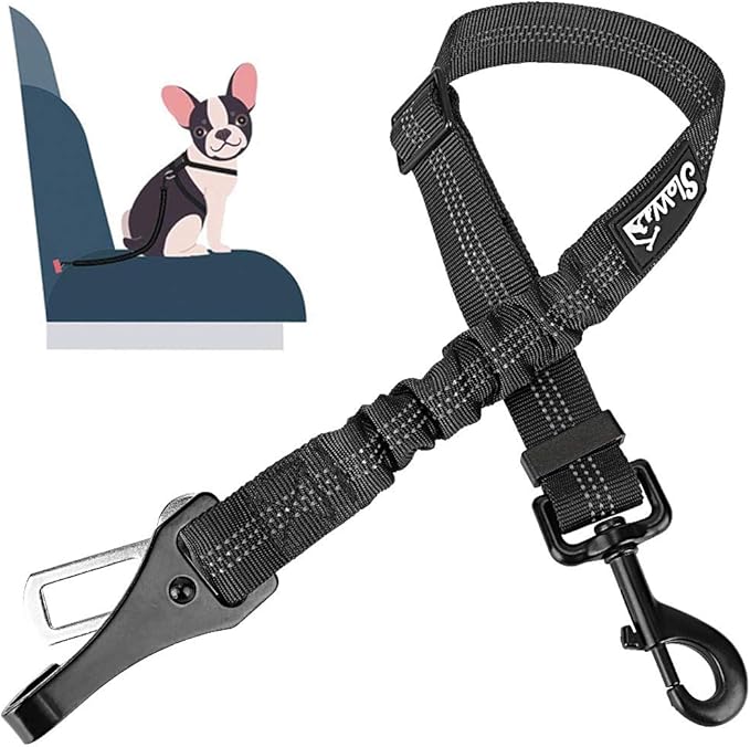 SlowTon Dog Seat Belt, Adjustable Dog Safety Belt Leash, 2 in 1 Latch Bar Attachment Dog Car Seatbelt with Elastic Nylon Bungee Buffer, Reflective Nylon Belt Tether Connect to Dog Harness (Black)-Mewly Pet