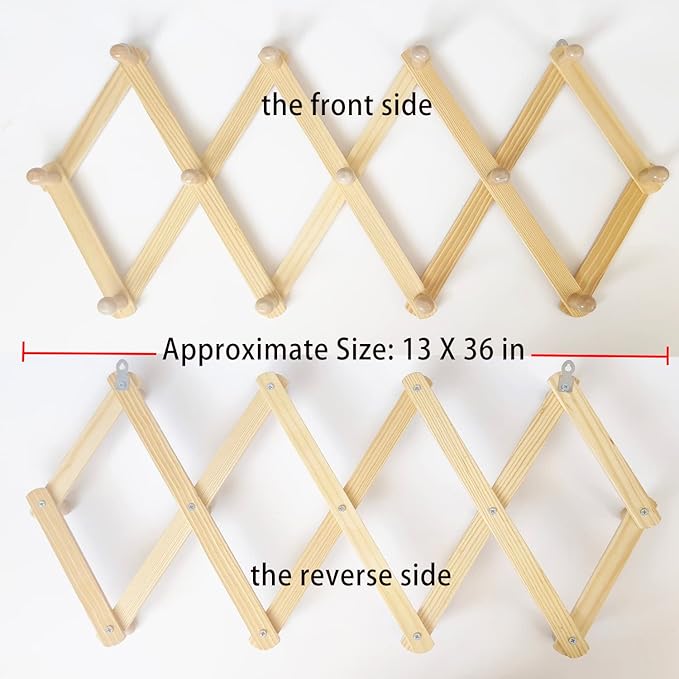 AMAPON Accordion Style Expandable Wall Wooden Coat Rack 13 Hooks (Pegs) Hang Hats Jackets Coffee Mug Purses Necklaces Towels Cap Leash Scarves Data Line Kitchenware
