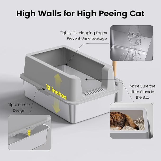 2 Pack Stainless Steel Cat Litter Box - Enclosed XL Metal Kitty Litter Box with Lid for Big Cats, High Sided, Anti-Leakage, Easy Cleaning, Non-Sticky, Included Cat Litter Spoon-Mewly Pet