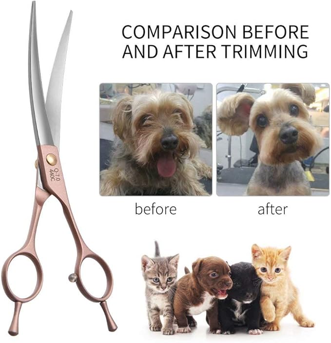 Fenice Peak Professional Curved Dog Grooming Scissors 7.5'' Rose Gold 440C Stainless Steel Pet Cutting Shears Safety Trimming Shearing for Dogs Cats-Mewly Pet