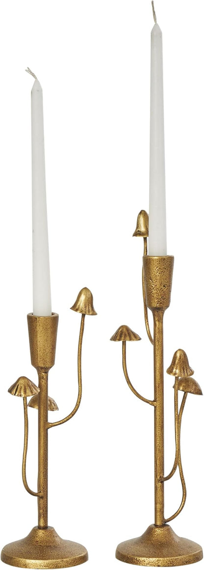Deco 79 Metal Abstract Decorative Candle Holder Mushroom Inspired Candle Stand, Set of 2 Candlestick Holder 11", 14" H, Gold