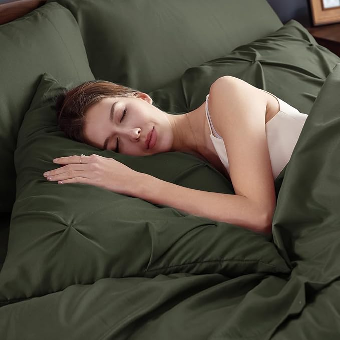 Bedsure Oversized Queen Comforter Set Olive Green - Bed in a Bag Bedding Set 7 PCS, GentleSoft™ Pintuck Bed Set Gift for Family, Pinch Pleat All Season Comforter with Sheets, Pillowcases & Shams