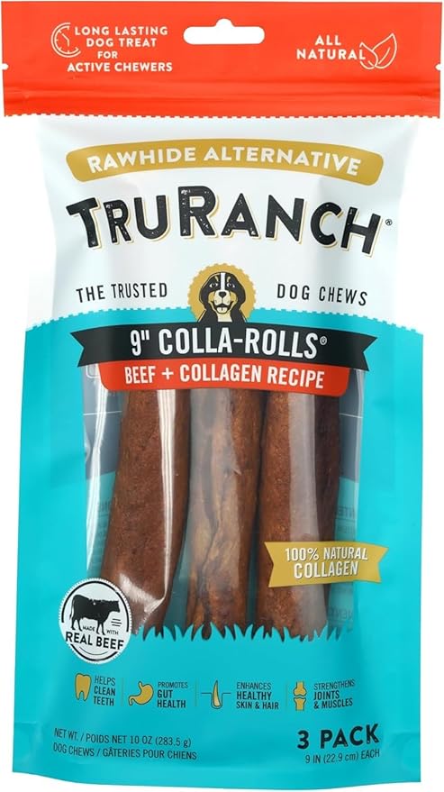 Collagen Rolls - 9" Collagen Rolls for Dogs - Long Lasting Healthy Joint Support Dog Treat - Rawhide Alternative - Skin & Coat Health - Made with Real Beef, 1 Bag, 3 Count-Mewly Pet