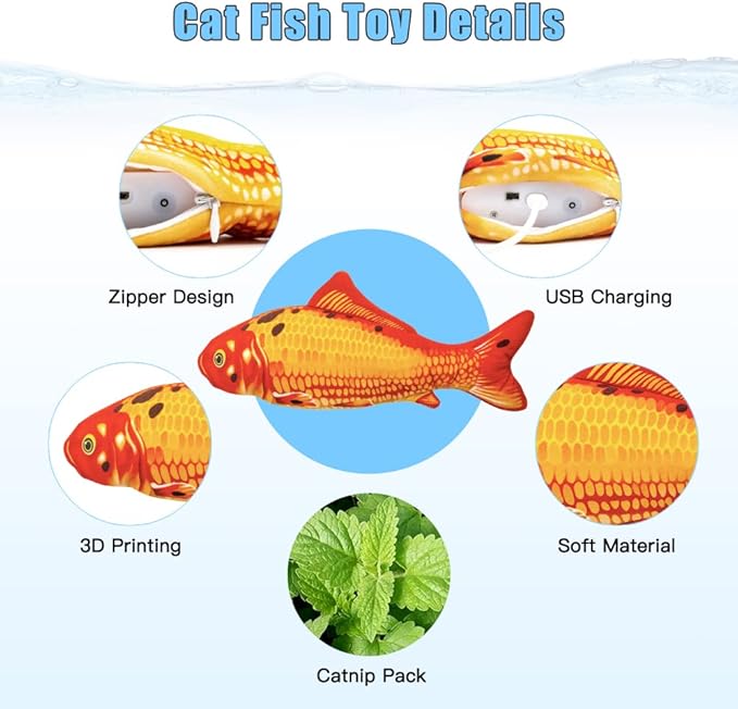 TOOGE 2 Pack 9" Floppy Fish Cat Toys with SilverVine and Catnip for Indoor Cats for Small Dogs Interactive Automatic Flopping Fish Cat Kicker Toys for Cats Puppy Small Dog-Mewly Pet