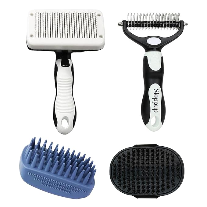 Dog Brush Kit for Grooming Short & Long Haired Dogs & Cats, 4-in-1 Pet Grooming Set with Self-Cleaning Slicker Brush, Deshedding Tool, Shampoo Bath Comb, Massge Comb (White Black)-Mewly Pet