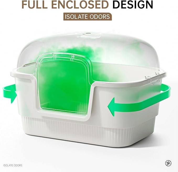 Cat Litter Box with Litter Mat and Scoop,High Wall Enclosed Cat Litter Boxes for Anti-Leakage, Covered Kitty Litter Box with Handle and Buckles for Portability and Privacy, Odor Control (White)-Mewly Pet