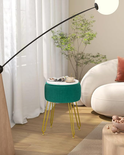 IBUYKE Velvet Storage Footrest Stool Ottoman, Makeup Vanity Stool Side Table with Golden Steel Legs Removable Cover, Coffee Table Top Cover, Green LG-20L