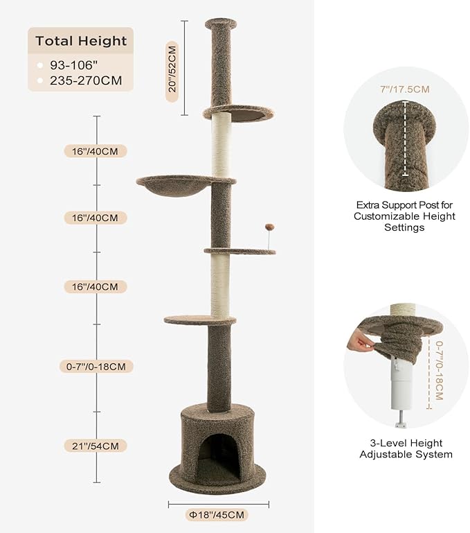 Made4Pets Floor to Ceiling Cat Tree 93-106'',Tall Cat Tower 5 Tiers, Adjustable Height, Stable Cat Tree Tower with Scratching Posts, Fluffy Condo, Hammock and Ball Toy for Indoor Cats/Kitten, Brown-Mewly Pet