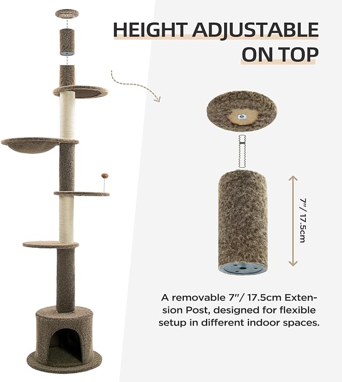 Made4Pets Floor to Ceiling Cat Tree 93-106'',Tall Cat Tower 5 Tiers, Adjustable Height, Stable Cat Tree Tower with Scratching Posts, Fluffy Condo, Hammock and Ball Toy for Indoor Cats/Kitten, Brown-Mewly Pet