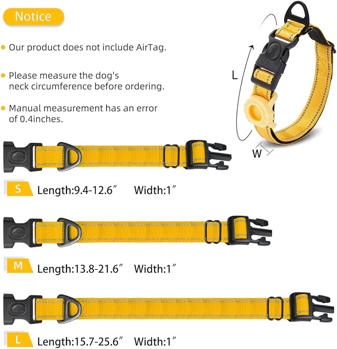 JSXD AirTag Dog Collar, Night Reflective Nylon Dog Collar for Small Medium Large Dogs,Lockable Quick Release Buckle,Padded Breathable Pet Collar with AirTag Holder (Yellow, Small)-Mewly Pet