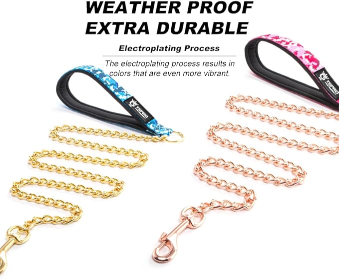 TSPRO Chew Proof Leash - 3.9 FT Stainless Steel Metal Training Leash with Soft Handle for Medium to Large Dog (4MM, Shiny Gold)