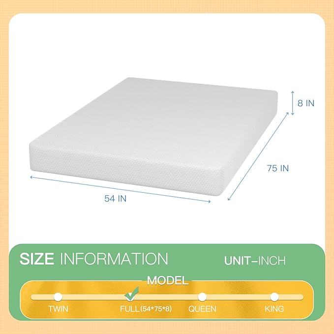 PayLessHere 8 inch Memory Foam Mattress Cooling Gel Green Tea Infused Mattress,Fiberglass Free,CertiPUR-US Certified,Cooler Sleep Supportive & Pressure Relief,White Full