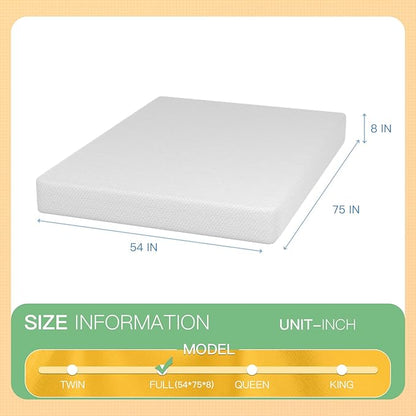 PayLessHere 8 inch Memory Foam Mattress Cooling Gel Green Tea Infused Mattress,Fiberglass Free,CertiPUR-US Certified,Cooler Sleep Supportive & Pressure Relief,White Full