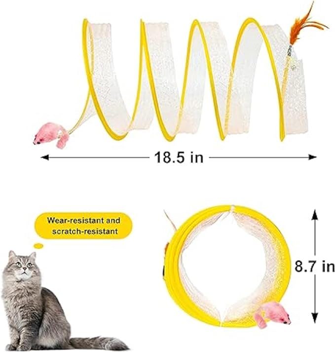 2Pcs Folded Cat Tunnel Toy for Indoor Cats,Collapsible Pet Spring Cat Toys with Feather Mouse Upgrade Interactive Toy Playing Tent for Puppy Kitten Accessories Home Self-Happy Cat Toys (Yellow)-Mewly Pet