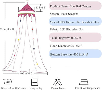 Bed Canopy with Lights for Girls,Gold Star Princess Crib Canopy Curtains,Extra Large Dome Mosquito Net Reading Nook Canopy for Kids Boys Twin Full Queen Size Bed,Fire Retardant Fabric
