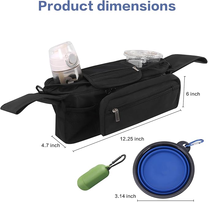 Dog Stroller Bag with Shoulder Strap, Universal Dog Stroller Caddy Organizer with Poop Bag Dispenser, Water Bowl, Insulated Cup Holders and Treat Pocket-Mewly Pet