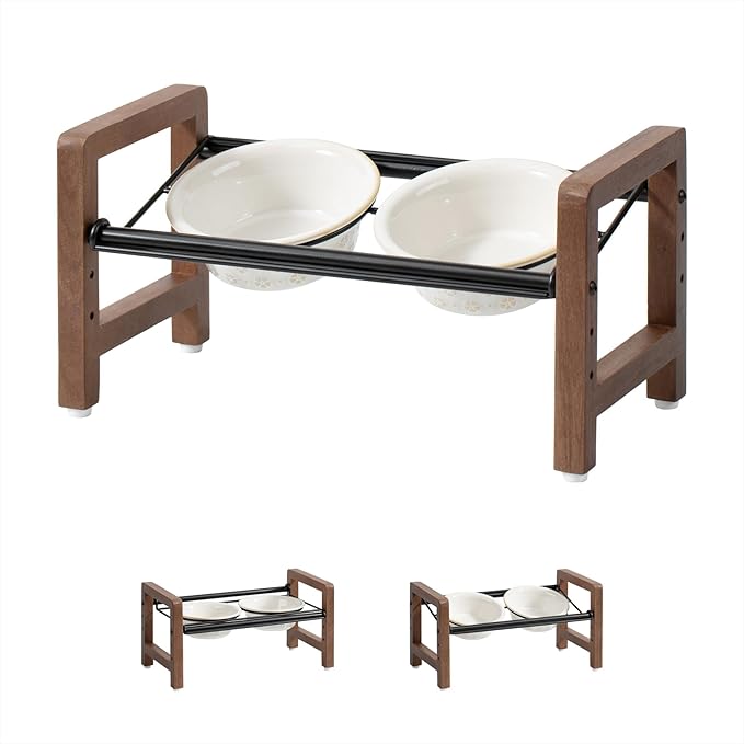 6.3inch Ceramic Adjustable Raised Double Bowls Set with Stand, 3 Heights Elevated, 2 Placement Options,Food and Water Bowls for Adult Cat Small and Medium Dog(Reactived Glaze -White)-Mewly Pet