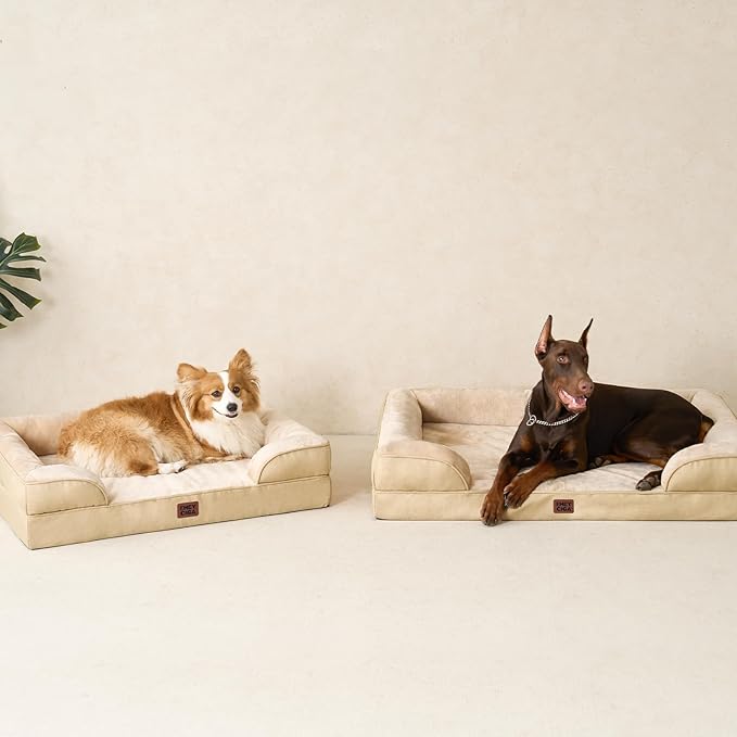 EHEYCIGA Orthopedic Dog Beds for Large Dogs, Waterproof Memory Foam Large Pet Bed with Sides, Non-Slip Bottom and Egg-Crate Foam Dog Couch Bed with Washable Removable Cover, Greige-Mewly Pet