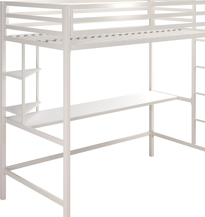 Novogratz Maxwell Metal Twin Loft Bed with Desk & Shelves, Off White/Off White