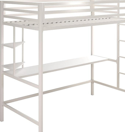 Novogratz Maxwell Metal Twin Loft Bed with Desk & Shelves, Off White/Off White