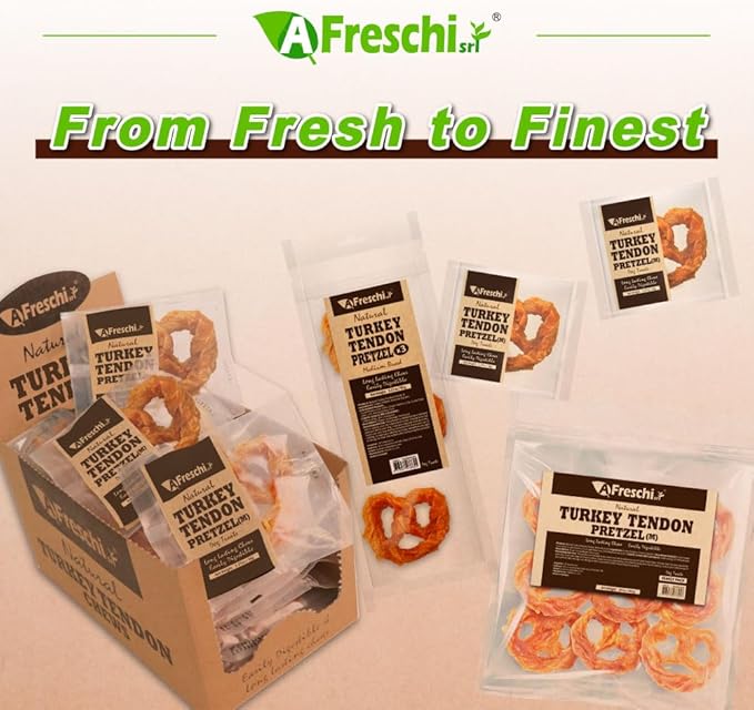 Afreschi Turkey Tendon Pretze (M) 3.17 oz, USA-Sourced Turkey Tendon, All Natural Human Grade Dog Chew, Hypoallergenic, Rawhide Alternative, Dog Treats for Medium Breeds-Mewly Pet