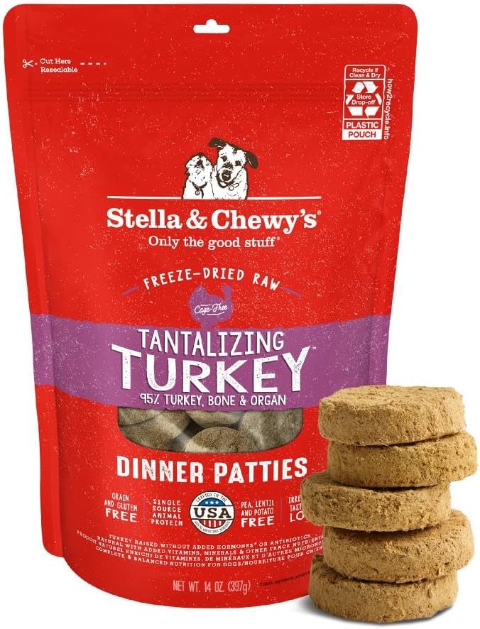 Stella & Chewy's Freeze-Dried Raw Dinner Patties - Turkey Recipe - High Protein Grain-Free Puppy & Dog Food - Perfect For Picky Eaters - 14 oz-Mewly Pet