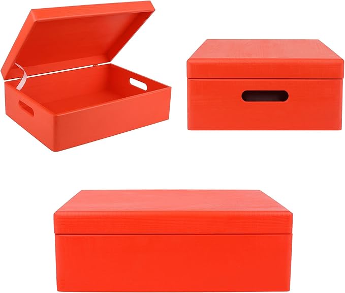 XL Red Wooden Box Storage with Hinged Lid | 15.8 x 11.8 x 5.5 inches (+-0.5) | with Handles | Gift Box Storage Document | Product NOT Intended for 15 Years OR Below