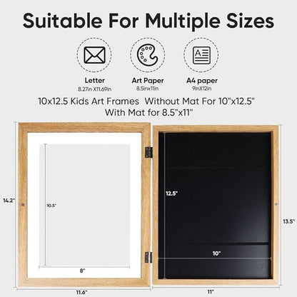 Kids Art Frames,10x12.5 Front Opening Kids Artwork Frames Changeable, Displays 8.5x11 or 9x12 With Mat, Holds 50 Pcs, for 3D Picture,A4 Artwork,Crafts, Childrens Drawing,Art Projects Storage(Wood)