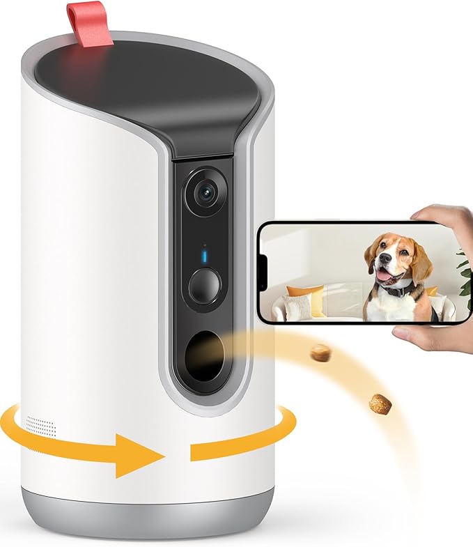 2K Pet Camera Treat Dispenser, 360°View Dog Camera with Phone App, 5G&2.4G WiFi 2-Way Talk Pet Cam Indoor for Cats Remote Treat Tossing, Motion Alerts, Auto Tracking-Mewly Pet