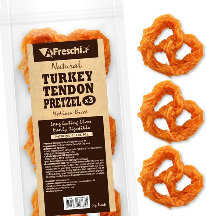 Afreschi Turkey Tendon Pretze (M) 3.17 oz, USA-Sourced Turkey Tendon, All Natural Human Grade Dog Chew, Hypoallergenic, Rawhide Alternative, Dog Treats for Medium Breeds-Mewly Pet