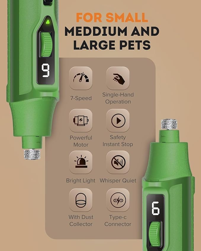 YABIFE 7-Speed Pet Nail Grinder with Light – Heavy Duty, Whisper Quiet Nail Trimmer for Dogs, Cats, Birds & Small Animals – Single-Handed Operation-Mewly Pet