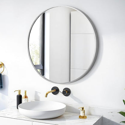24" Round Mirror Circle Wall Mounted Hanging or Against Wall Metal Frame Dressing Make-up Mirrors for Entryway Bedroom Bathroom Living Room 24 inch Silver