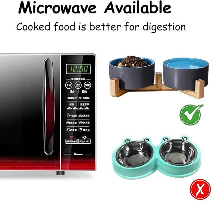 Petygooing Heavy 5.1 in Ceramic Cat Dog Bowls Set with Wood Stand for Food and Water, Non-Slip Cute Modern Pet Dish for Small Size Dogs and Cats (13.5OZ) Medium Sized Dogs (28OZ) Grey Blue-Mewly Pet